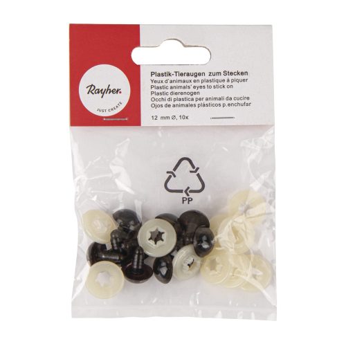 Műanyag biztonsági szem alátétkoronggal, sötétbarna, 12 mm, 10 db/csomag